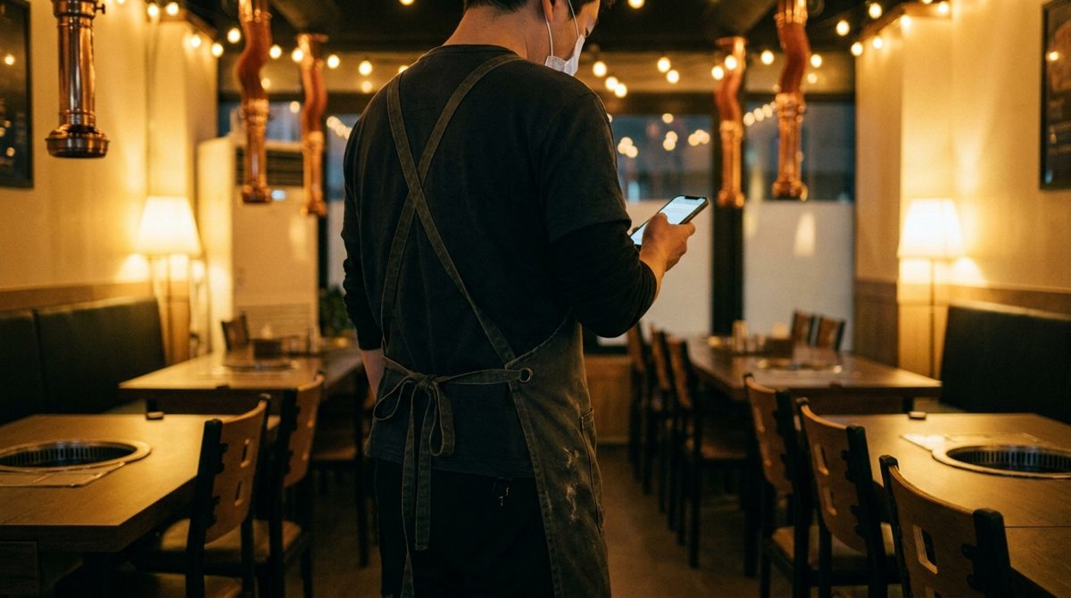 매장 밖에서 휴대폰으로 매장을 확인하는 사장님 (AI 예시 이미지)