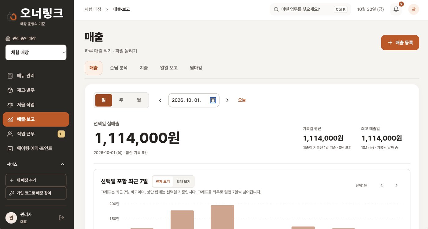 오너링크 앱 화면 — 매출·보고 — 매장 밖에서 하루 매출